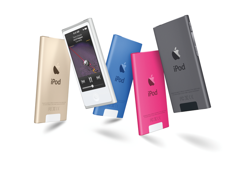 iPod Nano (第七代) [2012]这款全新的Nano带有触摸显示屏及Home键，并搭载了精简后的IOS系统