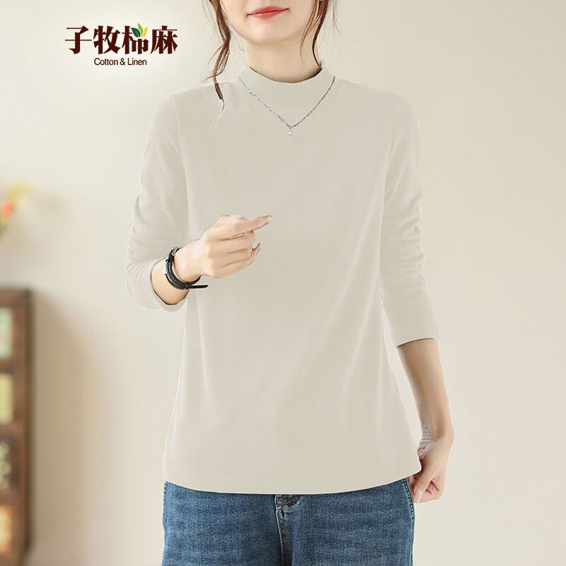 子牧棉麻秋装女韩版百搭双面磨毛德绒半高领长袖打底衫,仅售49元