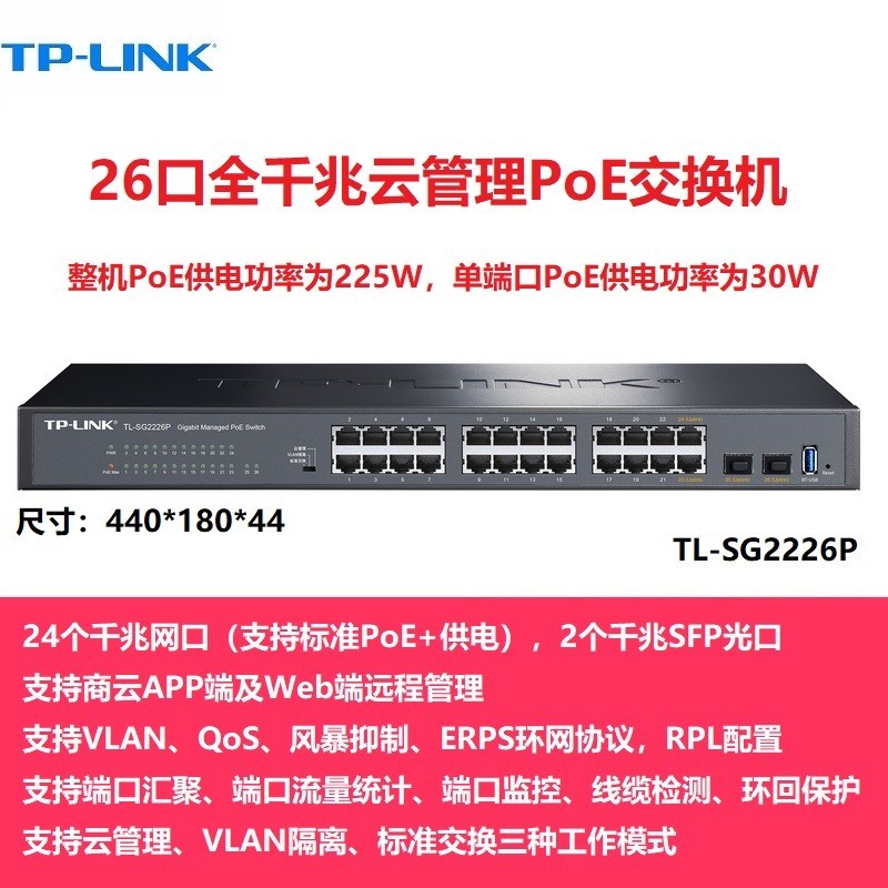 TP-LINK 顺丰TP-LINK TL-SG2226P 24口千兆标准PoE供电+2SFP光口WEB网管交换机tplink监控无线AP摄像头供电器VLAN汇聚