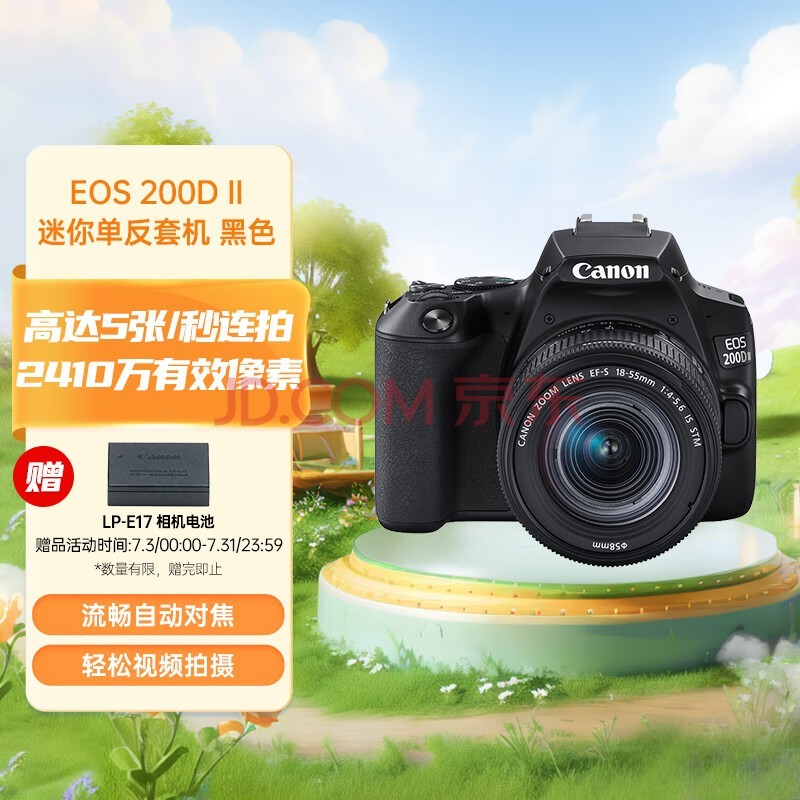 佳能（Canon）EOS 200D2 单反相机 200D II 18-55标准变焦镜头套装 黑色（ 约2410万像素/4K短片）