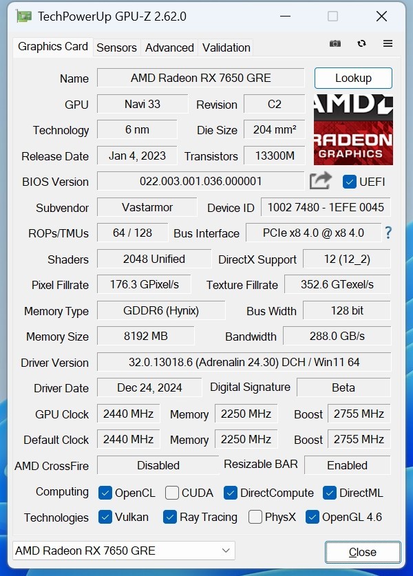 2000ԪԤѡ Radeon RX 7650 GRE 8G D6