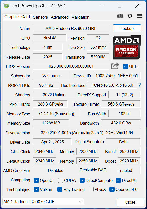 VASTARMOR Radeon RX 9070 GREϽɫײ⣺Լ۱ȳԽRTX 5070