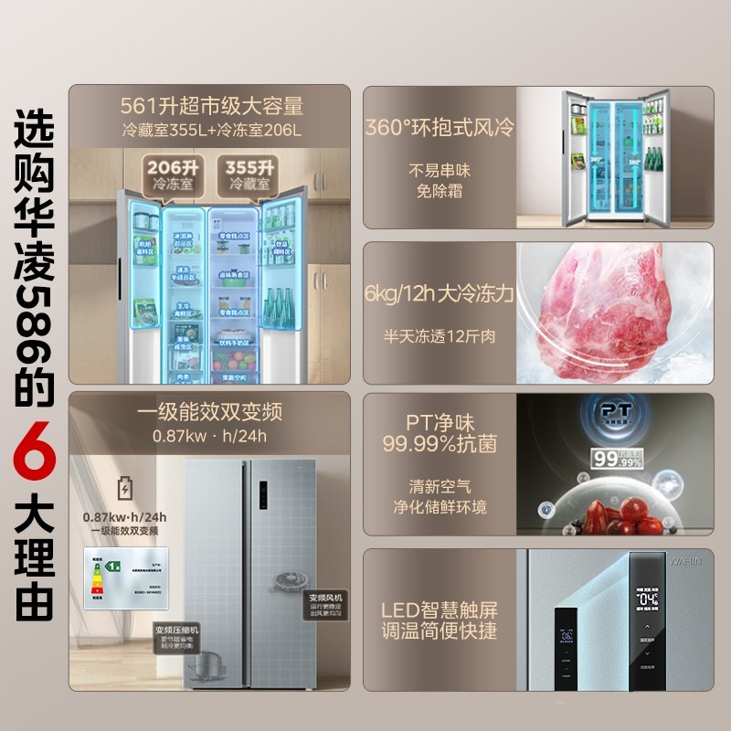 华凌 冰箱一级能效双变频风冷无霜586对开大冰箱HR-586WKP