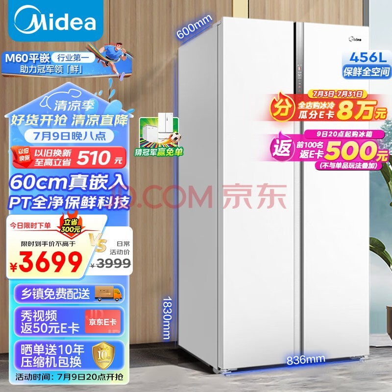 ģMideaM60ϵ60cm456˫ŶԿǶʽƽȫǶһЧ˪þζBCD-456WKPZM(E)