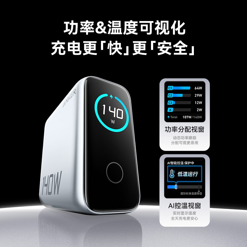 88VIP：Anker 安克 140W氮化镓带屏显多口PD快充电器适用手机平板电脑