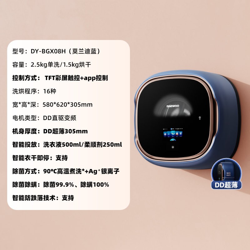 大宇 壁挂式洗衣机小型婴儿宝宝内衣裤双仓智投放超薄洗烘机BGX08H