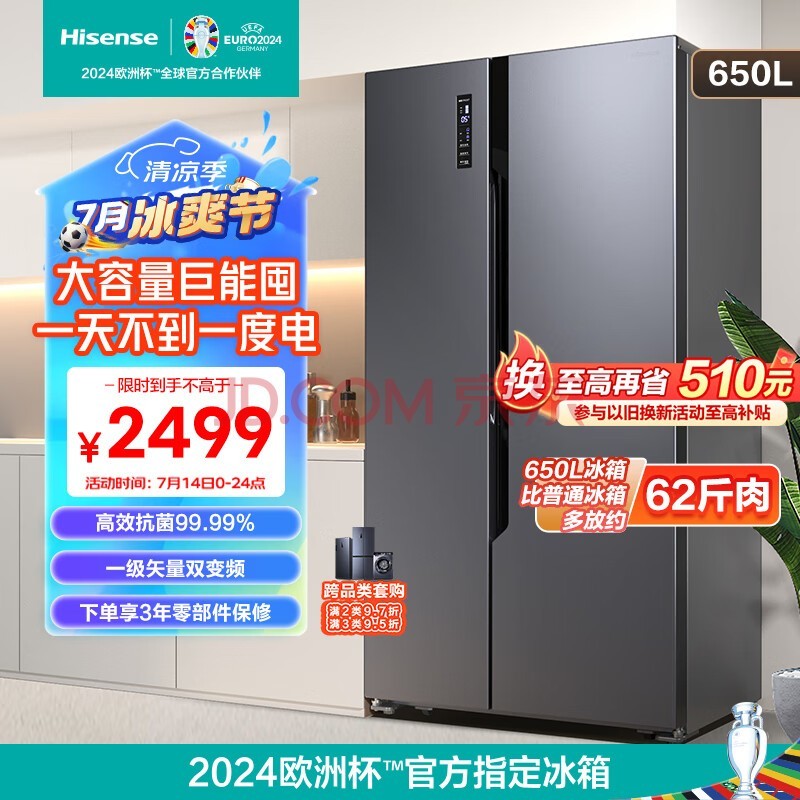 海信（Hisense）650升对开门冰箱双开门大容量双变频一级能效家用电冰箱二门双门节能风冷无霜纤薄可嵌入 BCD-650WFK1DPUQ8.5kg大冷冻力