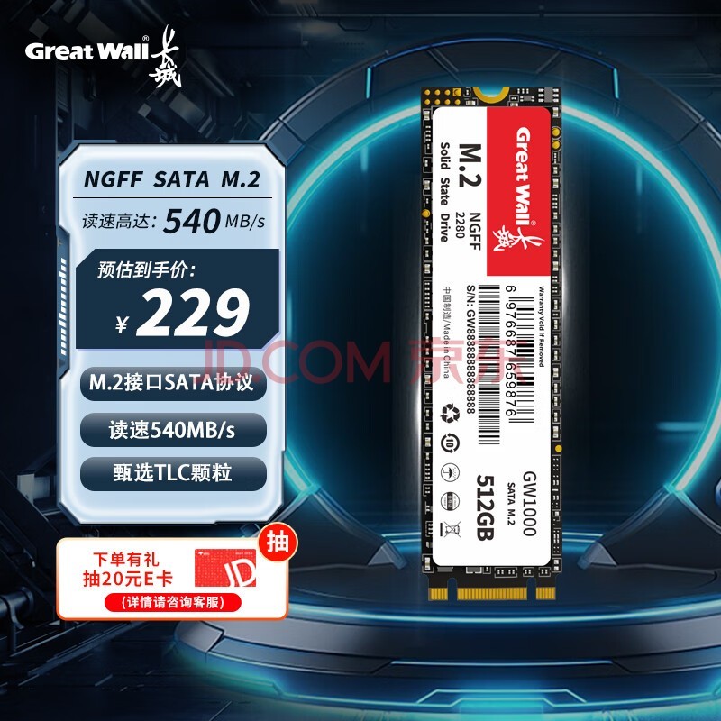 长城（Great Wall) 512GB SSD固态硬盘 M.2接口SATA协议 读速540MB/S GW1000系列