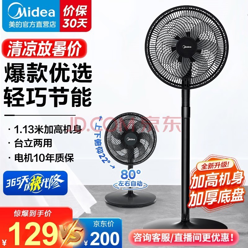 美的（Midea）电风扇 家用风扇 落地扇 立式轻音节能强风电扇 宿舍降温循环柔风自然风桌面小风扇 【缺货丨可选购白色款 】  SAF30AB