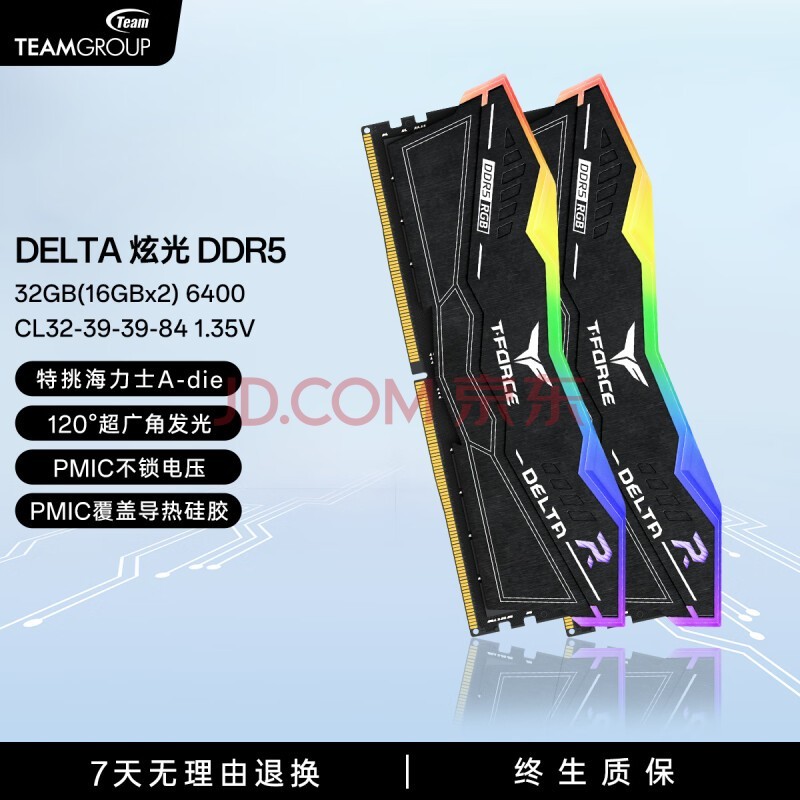 十铨科技DELTA炫光 DDR5内存条RGB灯条 台式机马甲条 7200 6400 6000 32G 48G 10层PCB板 覆盖导热硅胶 6400 32G(16Gx2)【特挑Adie】黑