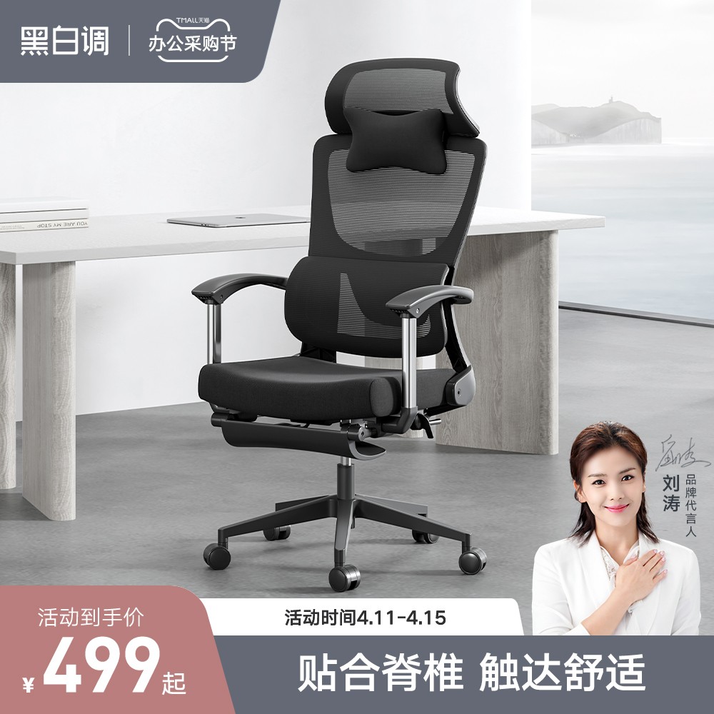 黑白调 E2 人体工学电脑椅 黑色 固定扶手