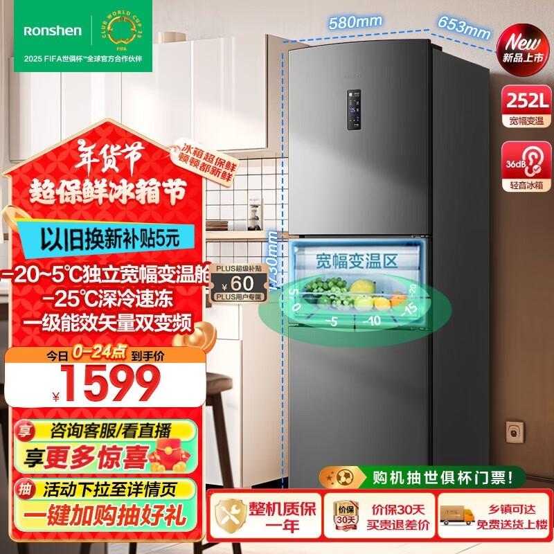 容声BCD-252WD18NP冰箱 一级能效 变频静音节能租房适用