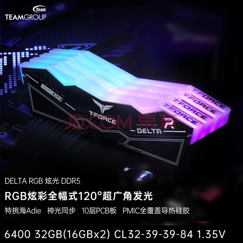 十铨科技DELTA炫光 DDR5内存条RGB灯条 台式机马甲条 7200 6400 6000 32G 48G 10层PCB板 覆盖导热硅胶 6400 32G(16Gx2)【特挑Adie】黑