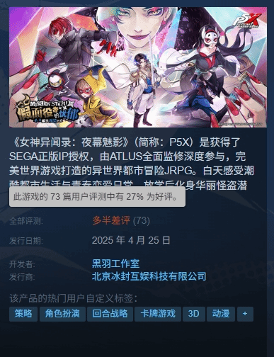 《P5X》Steam上线遇冷:27%好评率揭示多半差评现状