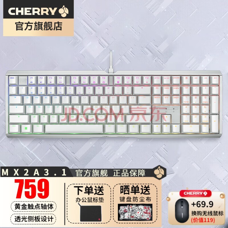 CHERRY 樱桃 MX3.1机械键盘MX2A轴有线游戏键盘客制化108键全尺寸电竞办公笔记本外接 3.1  白色RGB 红轴