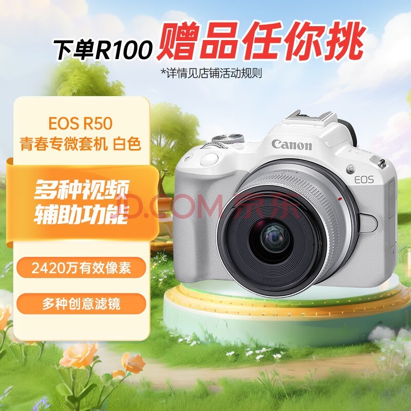 佳能（Canon）EOS R50 小型便携 搭载多种智能化自动拍摄功能 RF-S18-45镜头 微单数码套机 白色