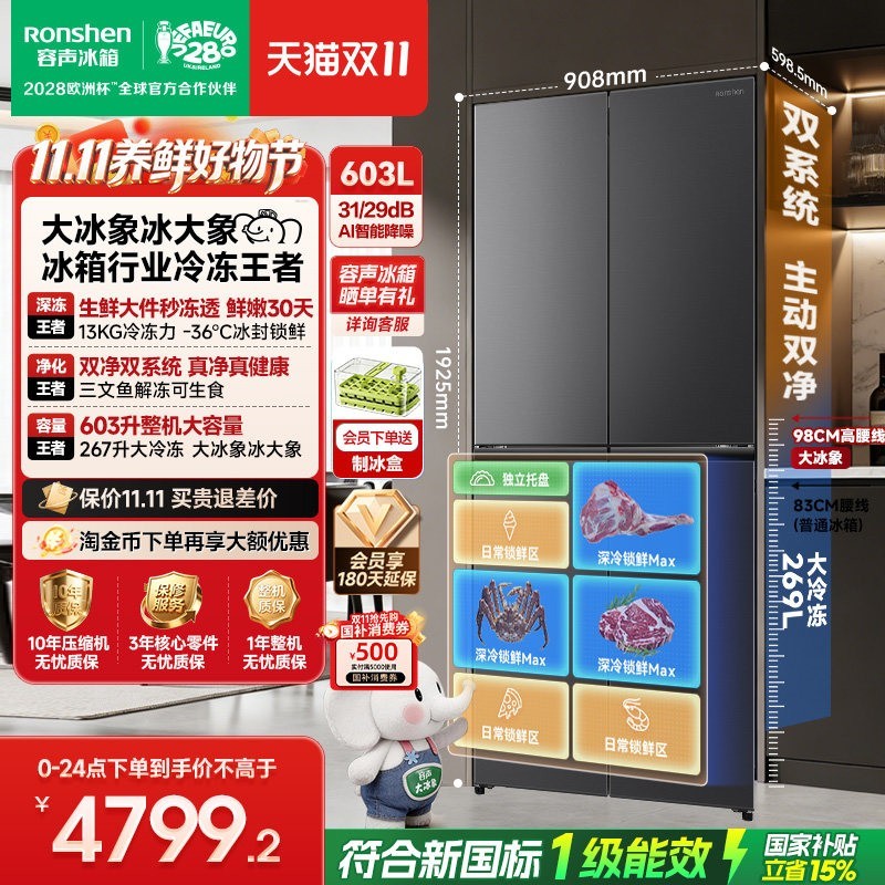 容声 大冰象系列 BCD-603Q50CZLBD 风冷十字门冰箱