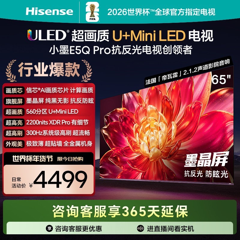 海信 小墨 E5Q Pro 65英寸 U+MiniLED抗反光防眩光墨晶屏 AI高刷电视