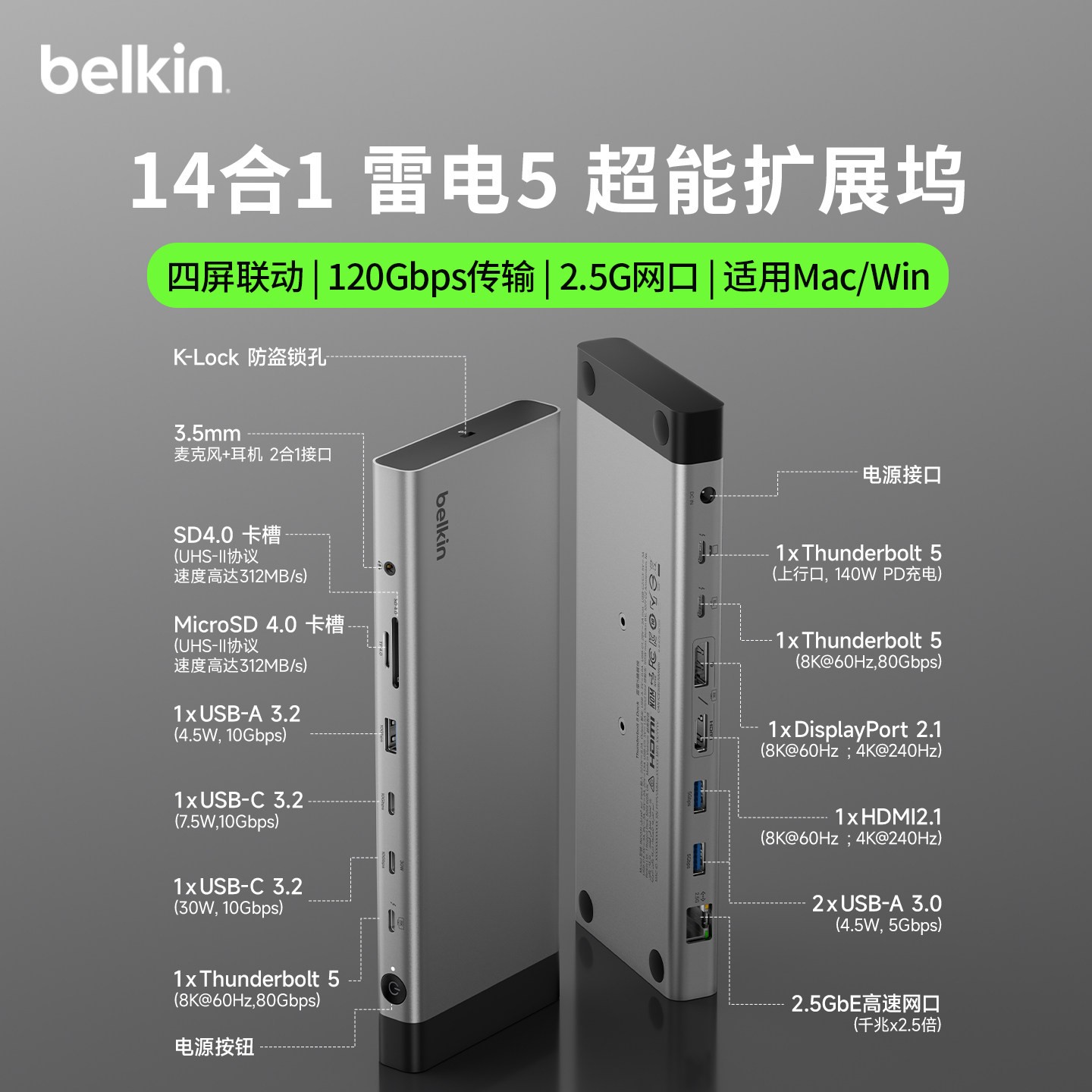 贝尔金 雷电5拓展坞14合1三屏4K高清扩展TypeC多USB接口转HDMI适用苹果Mac笔记本电脑2.5G网口140W