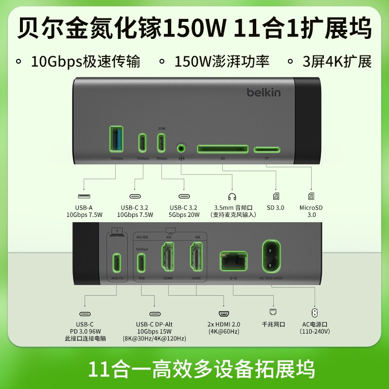 贝尔金 11合一氮化镓150W拓展坞三屏4K高清扩展USB/HDMI/Type-C多设备兼容适用苹果16笔记本电脑转换器