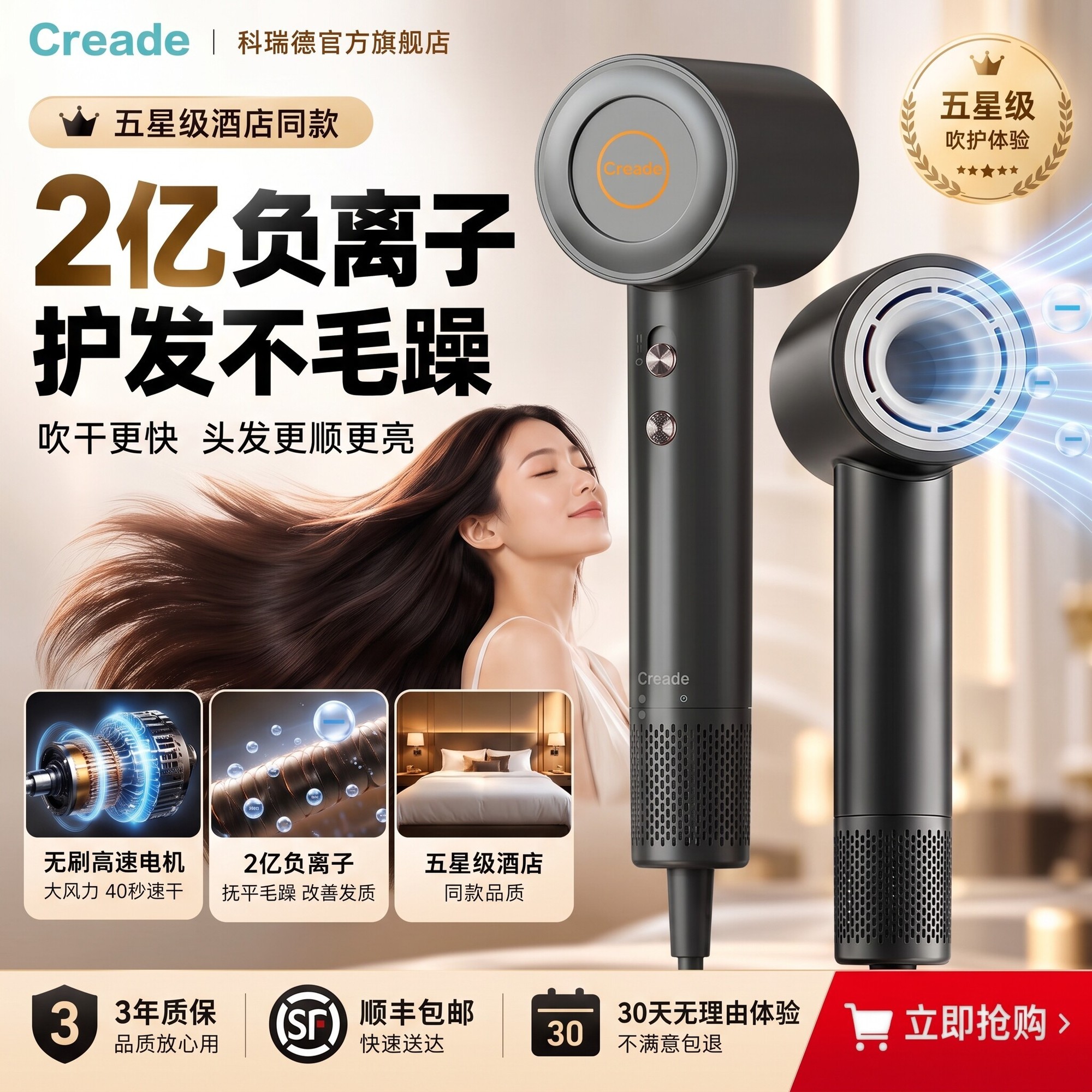 Creade 强力吹风机负离子护发电吹风2026年新款超大风力吹风筒家用