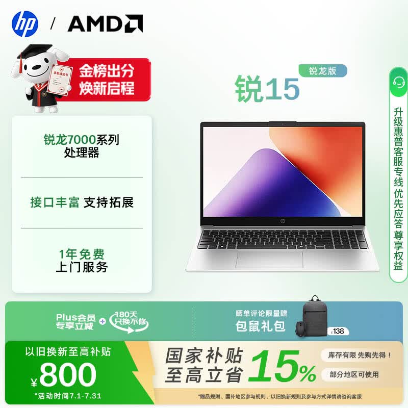 惠普锐15锐龙版笔记本,券后5199元带回家