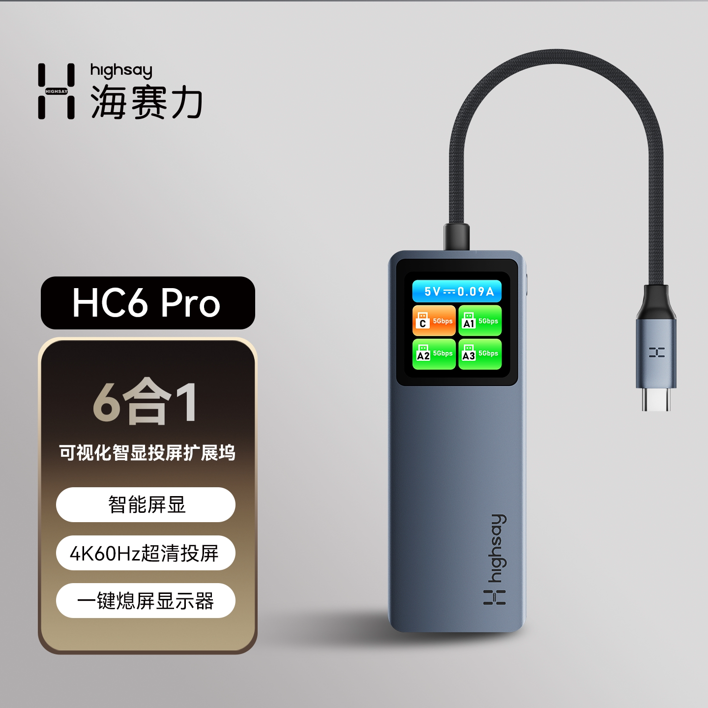 海赛力 HC6 Pro 6合1智显扩展坞TypeC笔记本Macbook拓展坞Mac电脑hdmi投屏usb分线器PD100W快充转换器