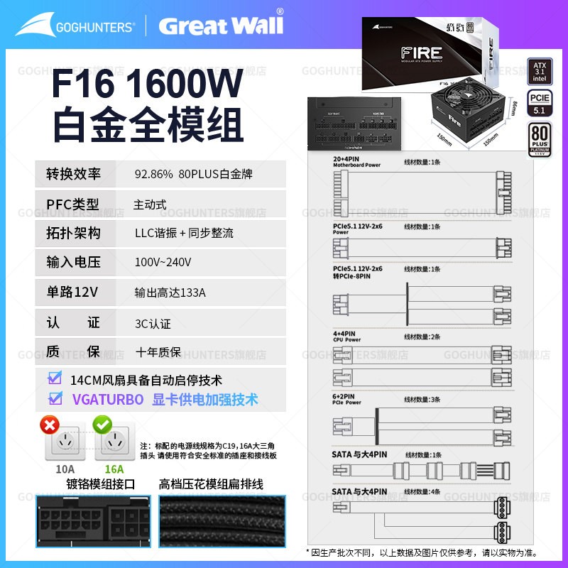 GOGHUNTERS 长城电源F16 1600W白金牌全模组F20 2000W台式主机ATX3.1电脑电源
