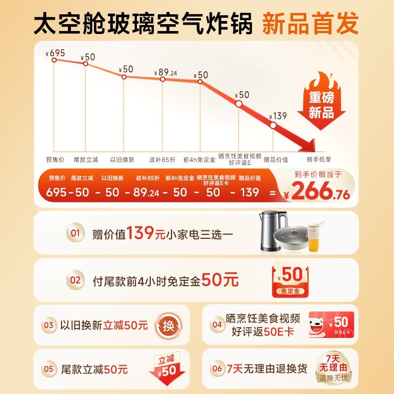 九阳5L全玻璃空气炸锅仅375元