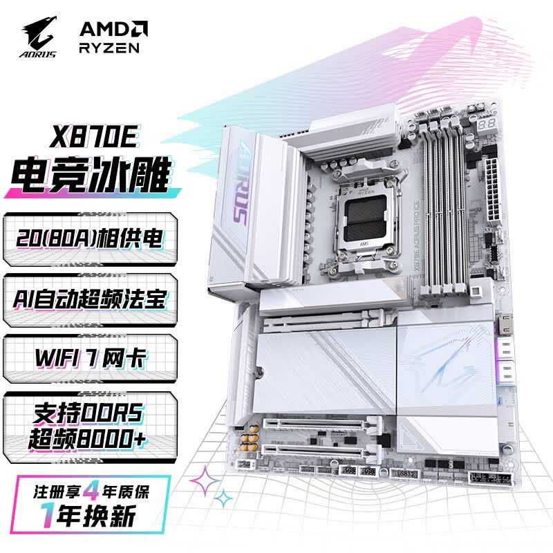 技嘉(GIGABYTE)X870E AORUS PRO ICE冰雕 WIFI7 DDR5主板支持AMD CPU AM5 9700X 9800X3D 9900X 9600X