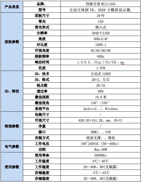 四维全景主动立体屏VR、3D28寸横屏显示器