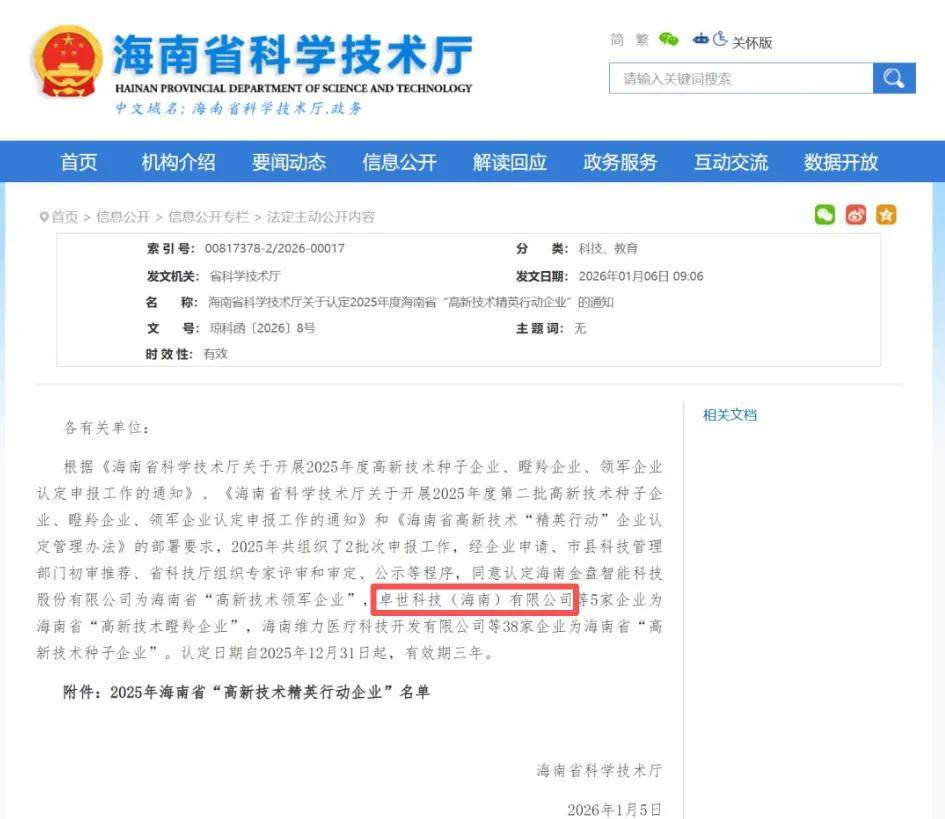 《卓世科技斩获海南&ldquo;高新技术瞪羚企业&rdquo;并登顶民企研发投入20强》