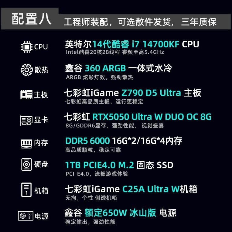 七彩虹 显卡电脑主机14900kf 14700kf 5090d 5070 5060ti 5080 5070Ti组装电脑台式机全套游戏整机硬件diy装机
