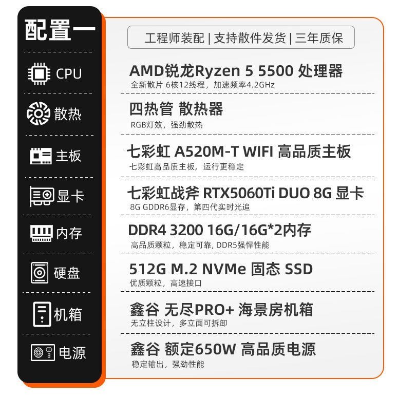 七彩虹 电脑主机R5 5500 5600 5700X 9600X 9700X 7800X 3D RTX5060Ti 8G独立显卡组装电脑台式机整机diy装机