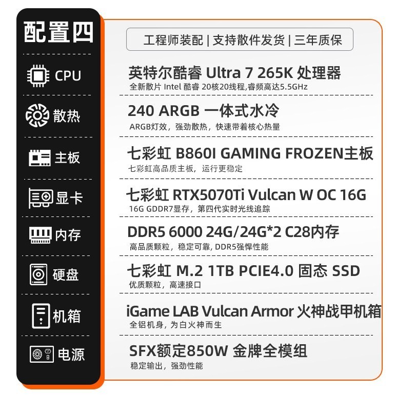 七彩虹 火神战甲电脑主机RTX5080 16G RTX5070Ti 16G 火神独立显卡组装电脑ITX台式机电竞整机diy装机