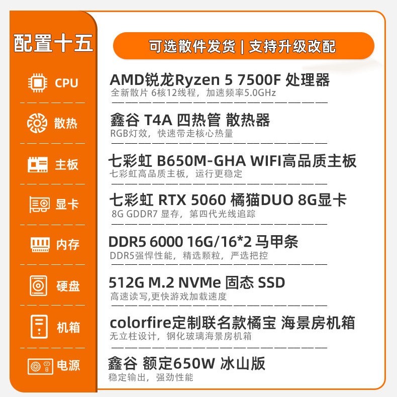 七彩虹 橘猫主机7500f 9600x 9700x 7800x3d 5060ti 4060 5070 RTX5060显卡台式机组装电脑主机diy组装机整机