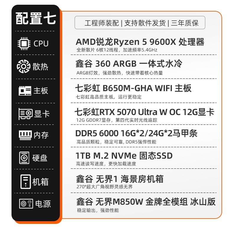 七彩虹 显卡电脑主机9950X 3D 9800X 3D 9700X 5070Ti 5080 5090D 5070组装电脑台式机游戏整机硬件diy装机