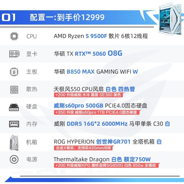 ROG 全家桶AMD CPU 9700X 9800X3D RTX5070/5060Ti显卡台式DIY水冷异形机箱电脑创世神女生主播ROG白色主机