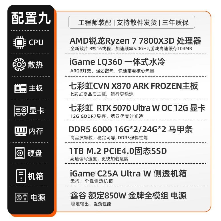 七彩虹 iGame电脑主机R9 9950X 9800X 3D 4060ti 5080 5090 5070ti 16G 5070显卡台式机组装游戏diy组装机整机