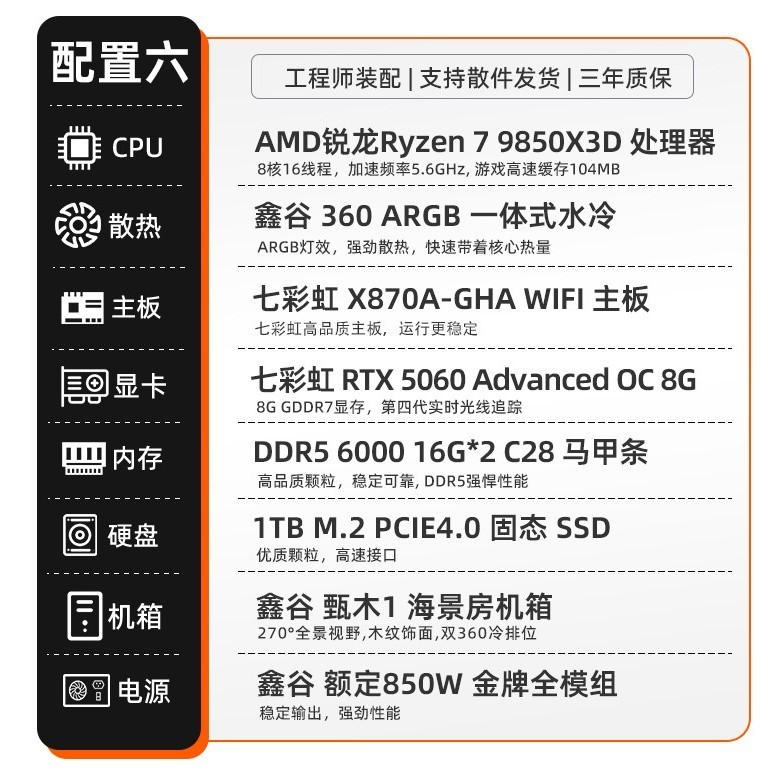 七彩虹 电脑主机R7 9850X 3D RTX5090D RTX5080 RTX5070Ti 5060ti 显卡组装电脑台式机游戏整机硬件diy装机