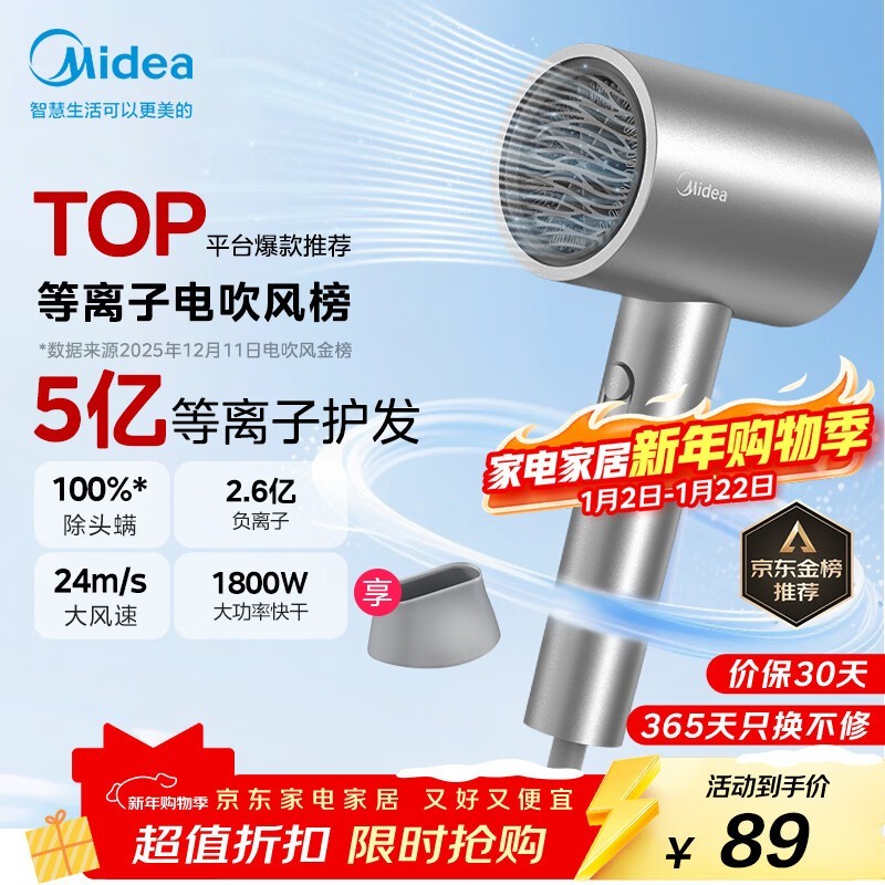 新年特惠!美的 FJ308 电吹风,满 200 减 25 仅 89 元