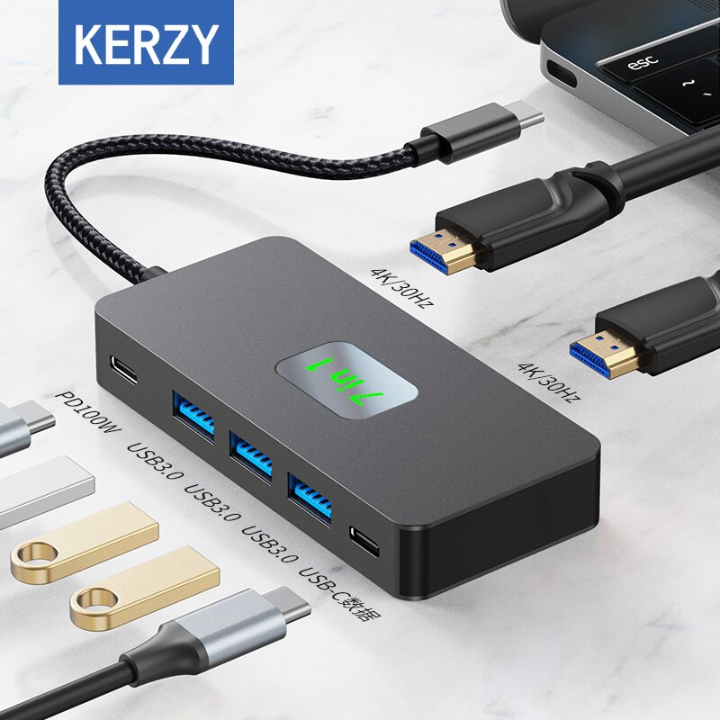 KERZY Type-C扩展坞高效7合1分线器USB转换器4K30Hz投屏TYPE-C+usb3.0*3+HDMI*2+PD100W+usb-c数据