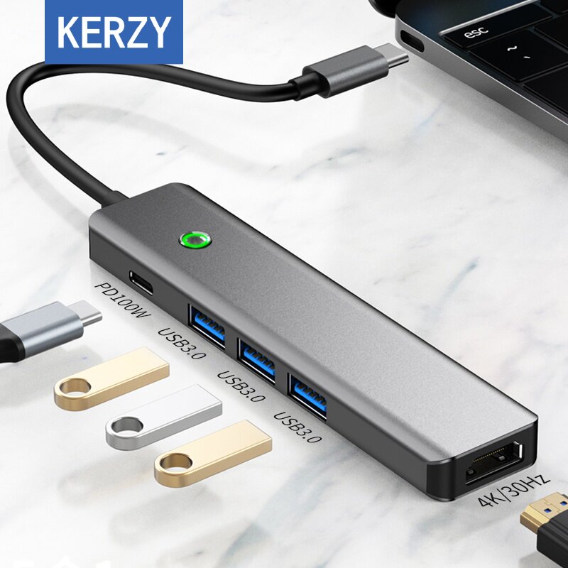KERZY 扩展坞分线器type-c转PD100W+USB3.0*3+4K/30hz拓展器五合一带呼吸灯自由切换铝合金快速散热