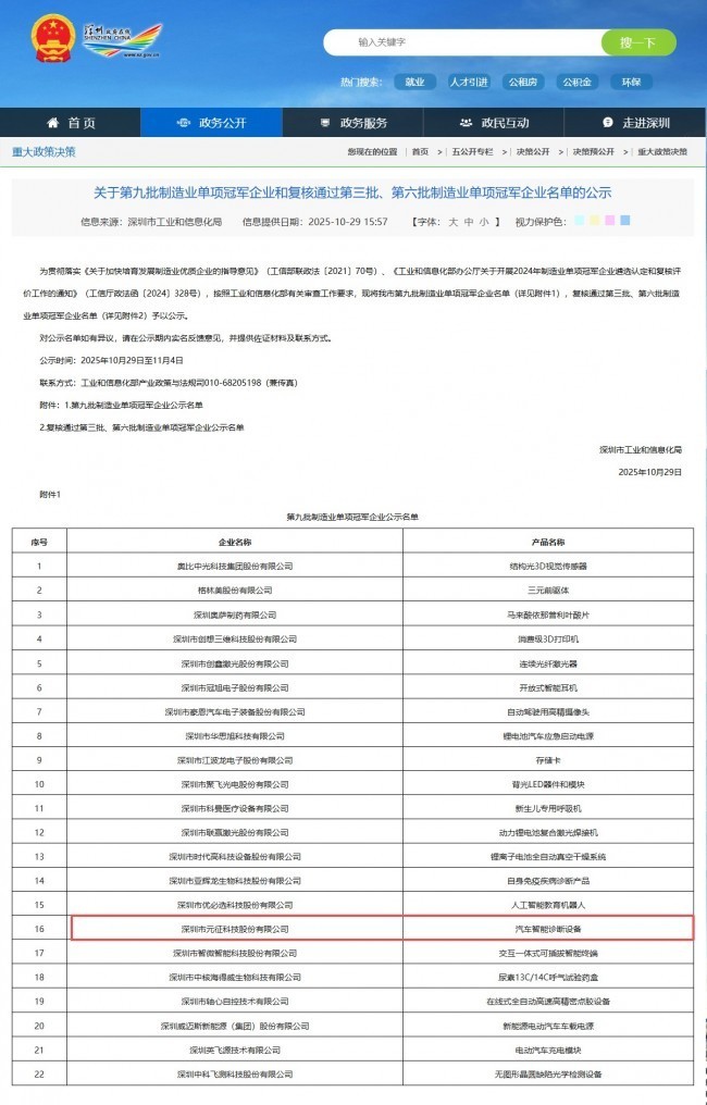 元征科技入选“第九批国家制造业单项冠军企业”名单