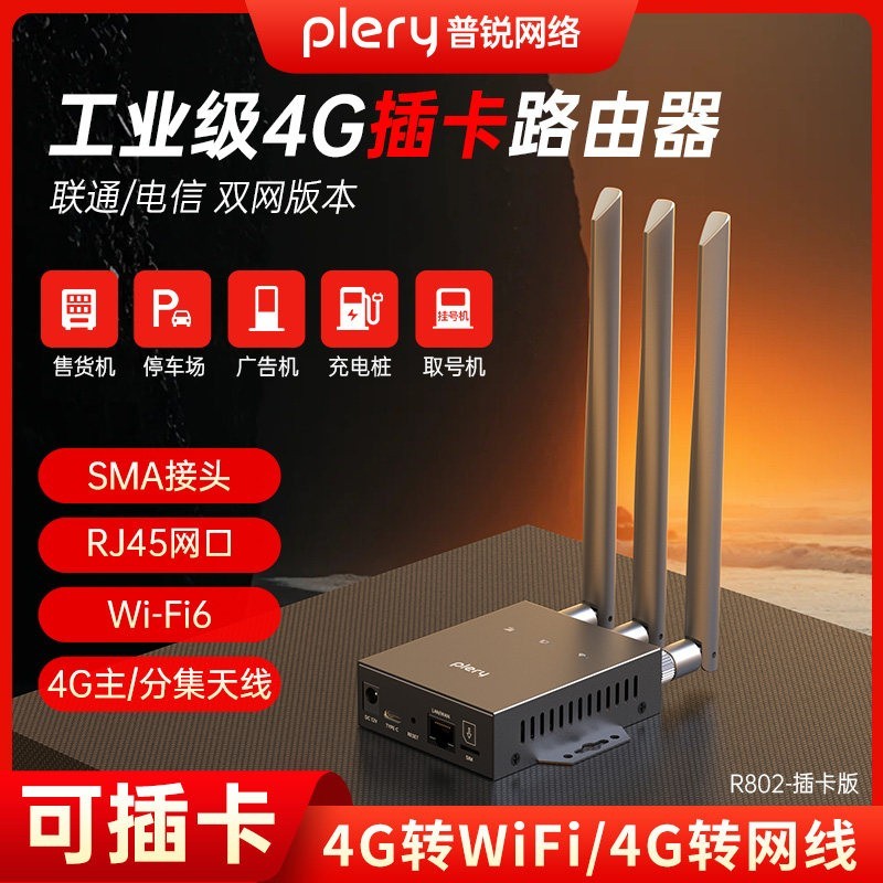 PLERY 普锐R802 工业级4g插卡路由器 4G转有线转WIFI全网通移动CPE 宽带4G双网备份LAN/WAN切换监控工程上网