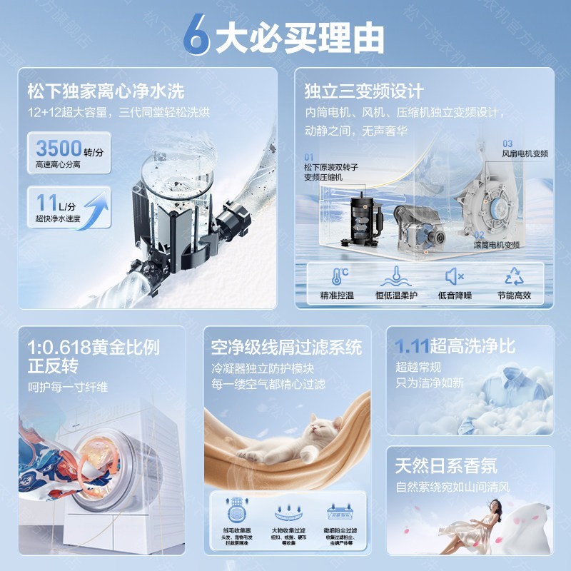 Panasonic 白月光Queen洗烘套装10kg滚筒洗衣机烘干机热泵除菌