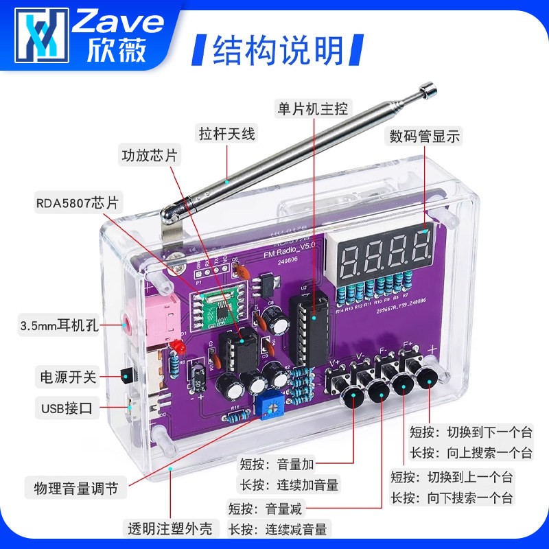 ZAVE FM调频收音机组装套件diy焊接51单片机实验电子制作实训练习套装