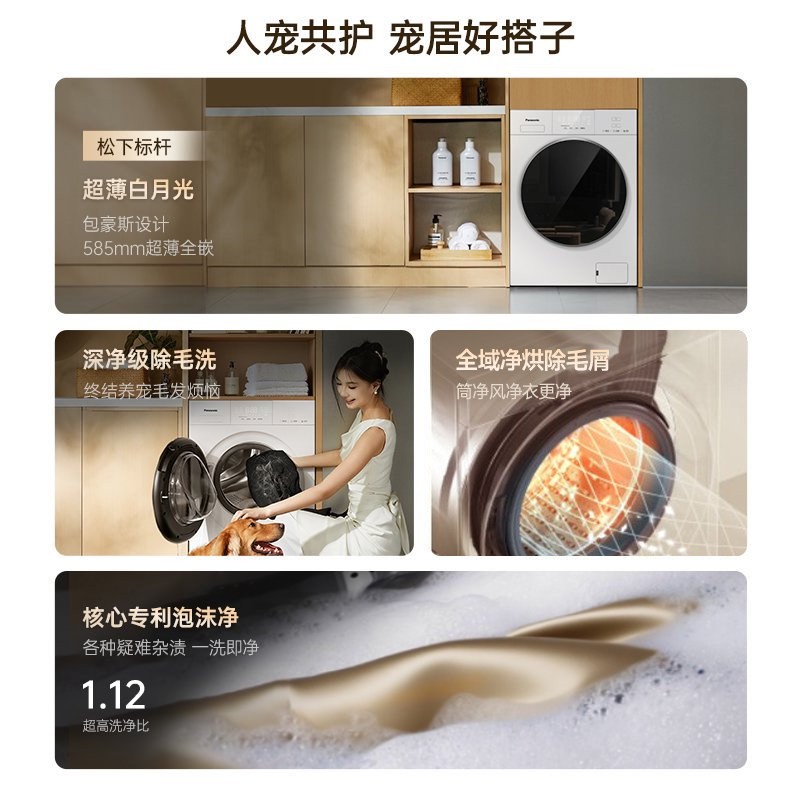Panasonic 白月光5.0洗烘一体10kg家用全自动滚筒洗衣机除菌除毛F2FD1