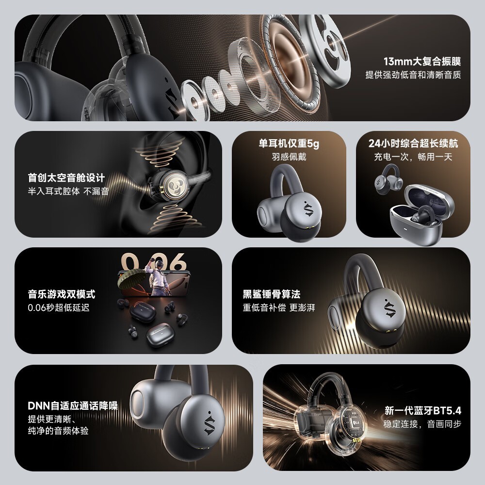 黑鲨凤鸣T19蓝牙耳机耳夹式运动通勤高保真音效