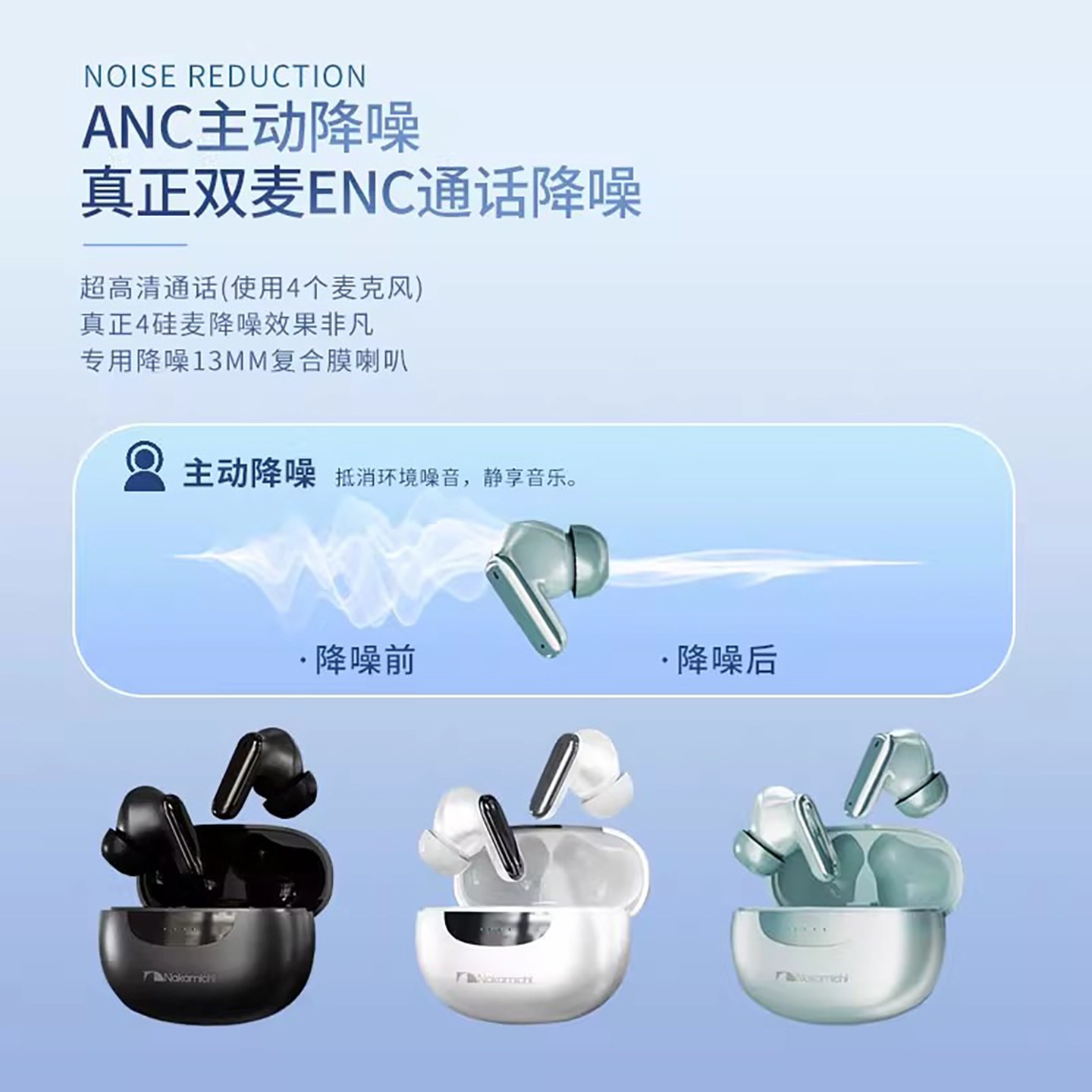 Nakamichi中道蓝牙耳机主动降噪通话降噪蓝牙耳机 长效续航TW60NC